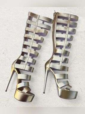 Ruthie Davis ‘Courtney’ Gold Metallic Strappy Gladiator Platform Boots- US 7
